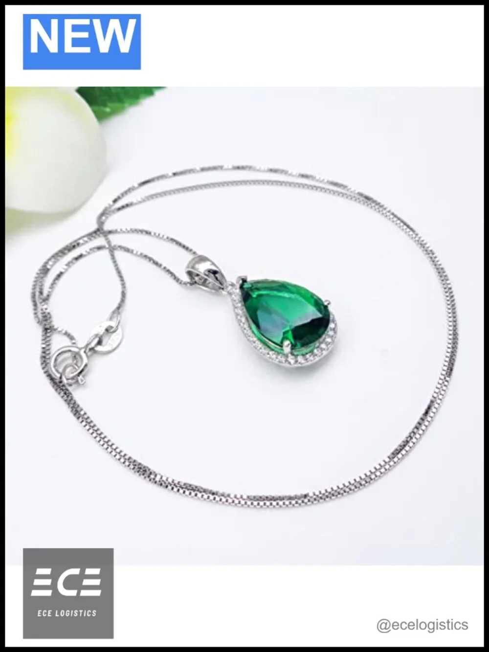 925 Sterling Silver Pear Shaped Pendant Necklace White Gold Plated 18